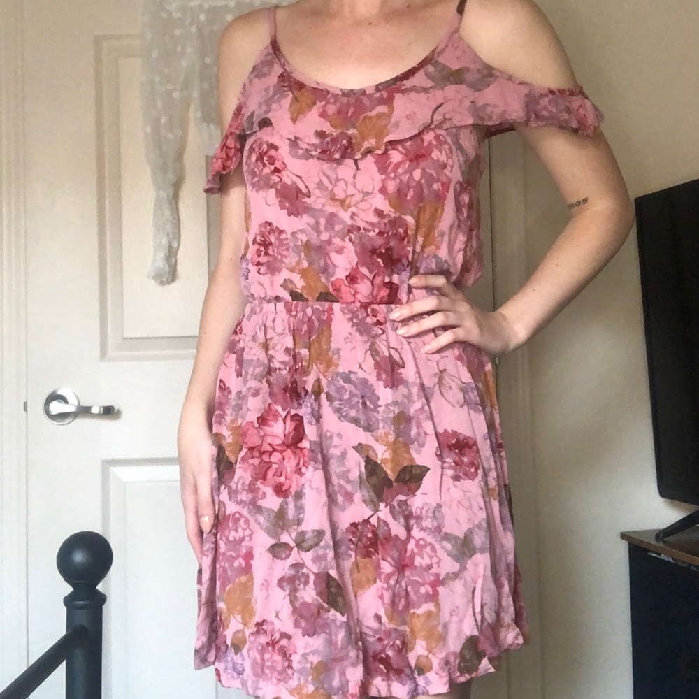 Pink Floral Dress with Draping Shoulder Fabric